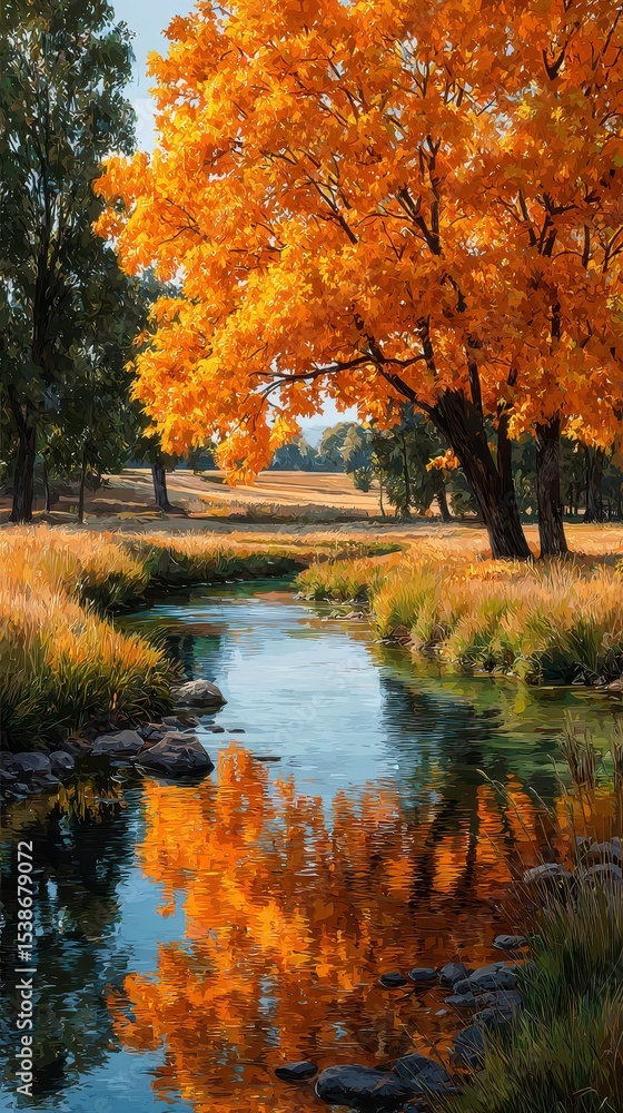 Vibrant autumn landscape featuring a golden tree beside a serene creek in a tranquil rural setting Vibrant autumn landscape featuring a golden tree beside a serene creek in a tranquil rural setting