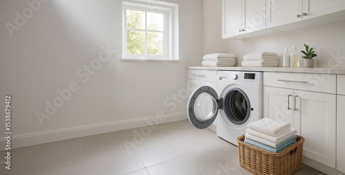 Fototapeta Naklejka Na Ścianę i Meble -  Modern laundry space with minimalist design featuring washing machine, elegant cabinets, and soft natural light for efficient household chores concepts, Wide banner, copy space
