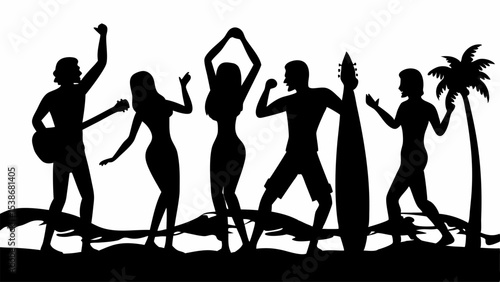 Silhouette of people dancing and playing music on a beach with a palm tree and a surfboard near by | eps vectors