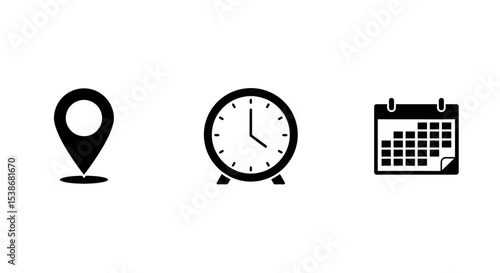 Location pin, clock, and calendar icons for planning and organization vector illustration