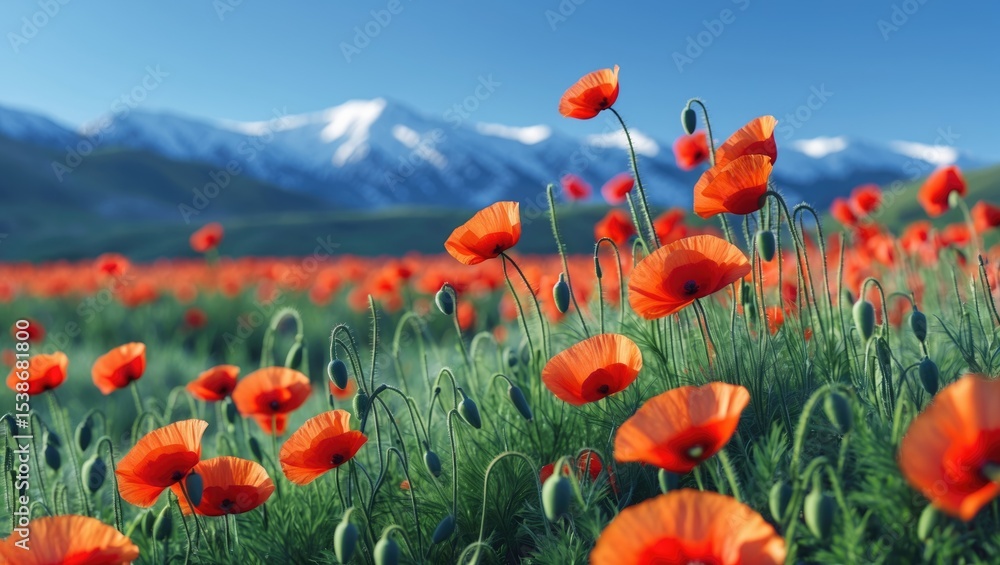 Obraz premium Field of red poppy flowers on a bright sunny day. In the distance, snow-capped mountains are visible. Stunning spring scenery.