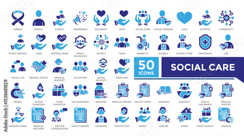 Social care icon solid two color set collection. This set includes charity,solidarity,community,public service,disability,elderly and more icons in solid style. Vector icons collection for infographic