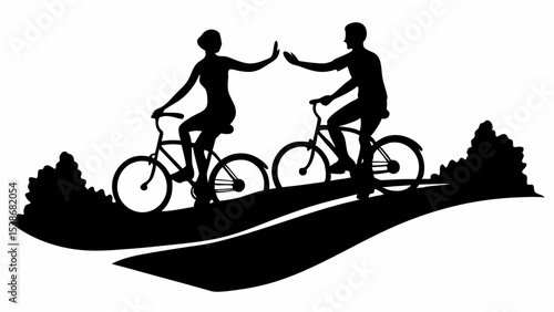 Silhouette of a couple cycling and high fiving on a path with bushes on either side of them | eps vectors