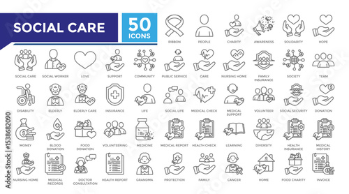 Social care lineal icon set collection. This set includes charity, solidarity, community, public service, disability, elderly and more icons in lineal style. Vector icons collection for infographics