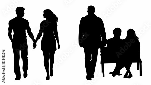 Silhouettes of couples walking holding hands and sitting on a bench in a black and white composition | eps vectors