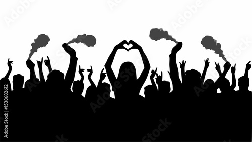 Silhouette of crowd at concert with raised hands smoke and heart shape made with hands in monochrome style | eps vectors