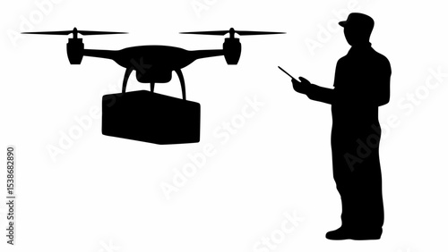 A silhouette of a person controlling a drone carrying a package in a delivery operation scenario | eps vectors