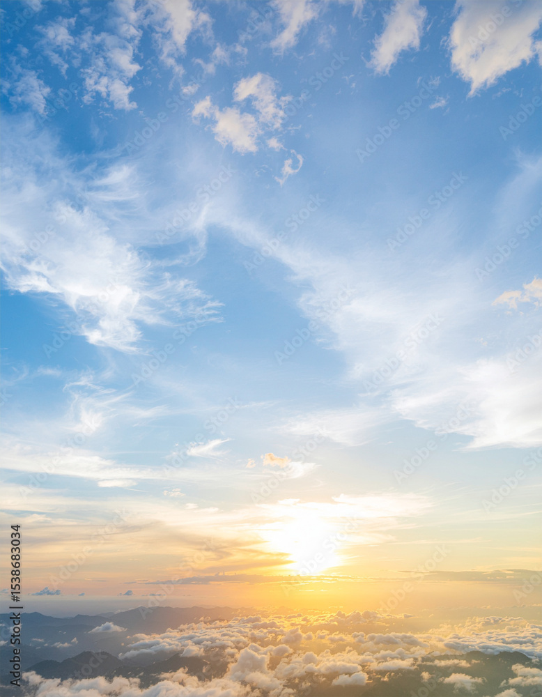 Fototapeta premium Blue sky clouds background, Beautiful landscape with clouds and orange sun on sky