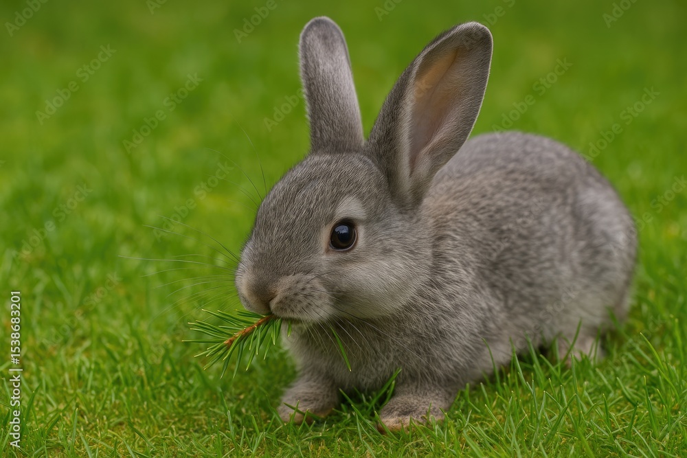 Fototapeta premium Adorable grey bunny resting on lush grass while nibbling on pine needles