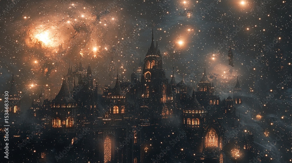 Obraz premium A magnificent gothic castle nestled amongst cosmic light.