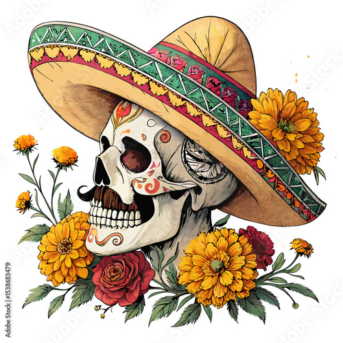 A Day of The Dead Skull with flowers and sombrero