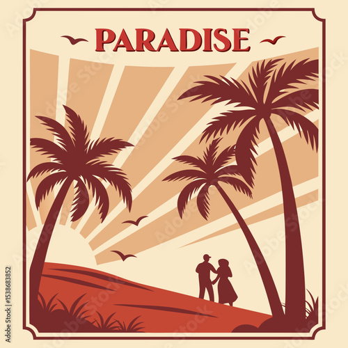 Summer holiday background with palm trees by the beach at sunset