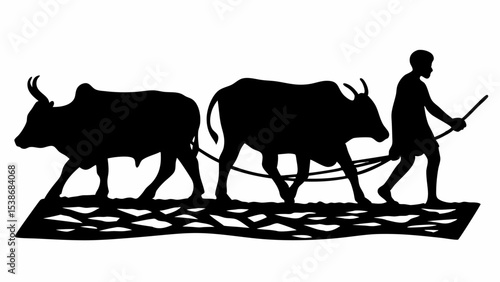Silhouette of a man plowing a field with two oxen in a traditional farming scene illustration | eps vectors