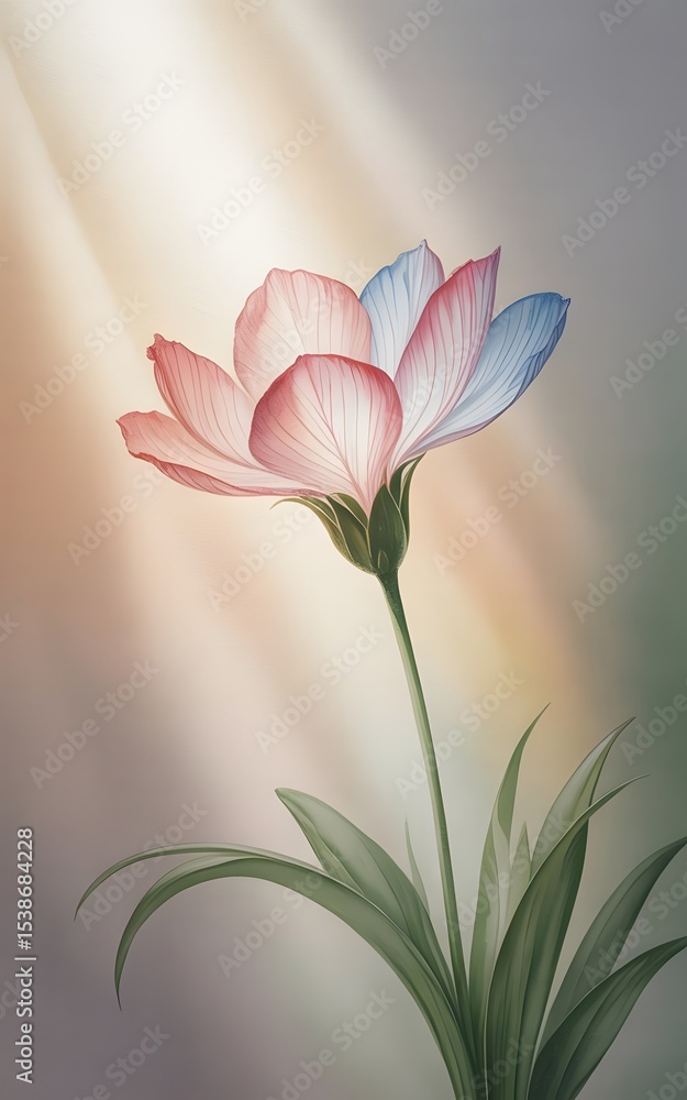 Fototapeta premium Translucent Flower with Pink and Blue Petals Bathed in Soft Light in a Dreamlike Style