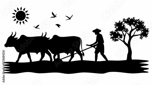 Silhouette of a farmer plowing a field with oxen under the sun and birds near a tree in black and white | eps vectors