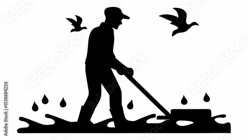 Silhouette of a farmer working in a flooded field with birds flying overhead on a white background | eps vectors