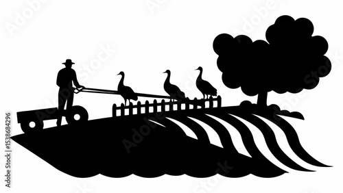 Silhouette of farmer pulling cart with geese on fence near tree in field illustration | eps vectors