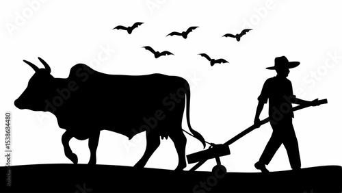 Silhouette of a farmer plowing a field with an ox under a flock of birds in a rural setting at daytime | eps vectors