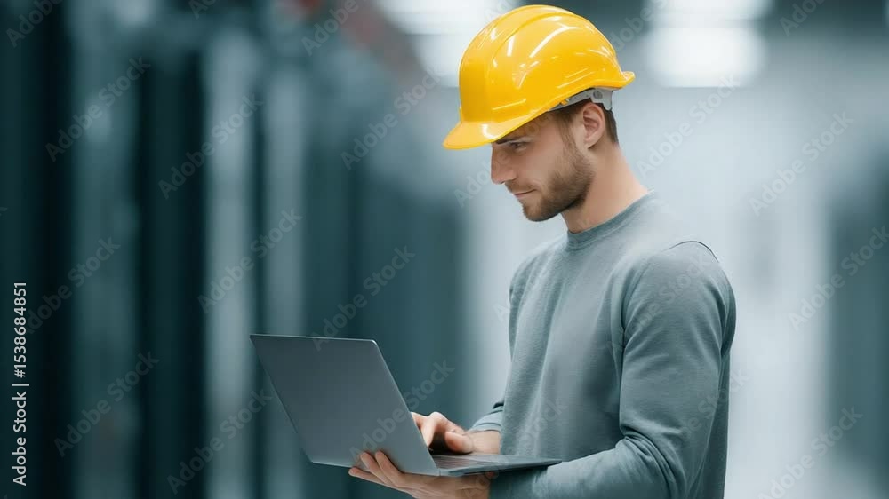 Engineer Working on Laptop in Modern High-Tech Facility Engineer Working on Laptop in Modern High-Tech Facility