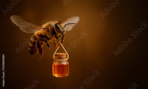 Flying bee carrying honey jar on brown background