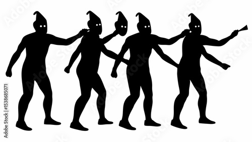 Silhouetted figures in pointed hats walking in a line one holding a mask and one with a trumpet like object | eps vectors
