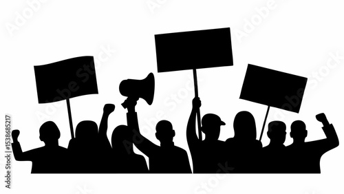 Silhouette of a crowd of people protesting with signs and a megaphone in black and white illustration | eps vectors
