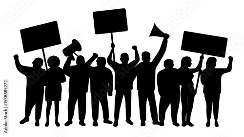 Silhouette of a group of protesters holding signs and a megaphone in a demonstration action scene | eps vectors