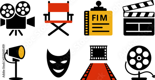 Film making equipment icons set vector illustration of camera chair clapperboard and more movie elements editable stock vector illustration