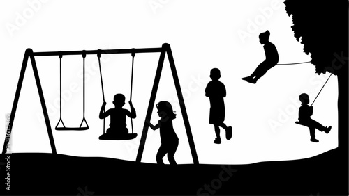 Silhouette illustration of children playing on swings and a rope swing in a park setting outdoors | eps vectors