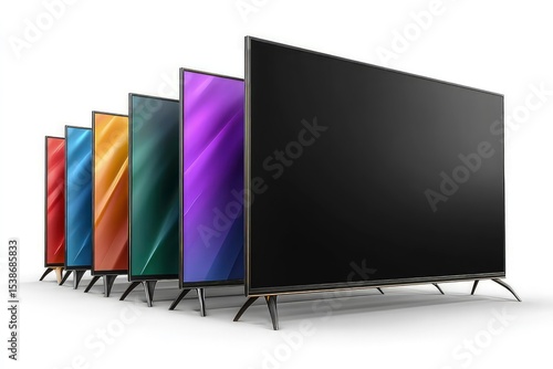 Modern flat-screen tv in three angles, sleek color display with thin bezel and metallic stand isolated on white background