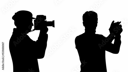 Silhouette of a cameraman filming a person clapping hands on a white background in a studio setup | eps vectors