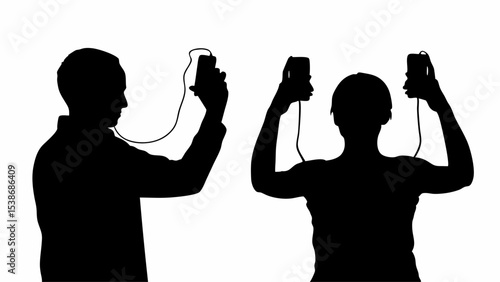Two silhouetted figures holding devices with cords against a white background in a simple composition | eps vectors