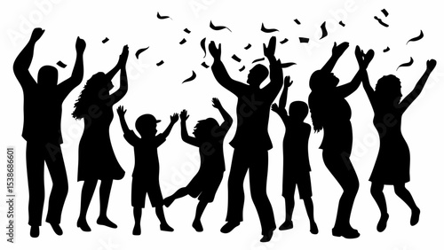 Silhouette of people celebrating with confetti falling down around them in a joyous celebration scene | eps vectors