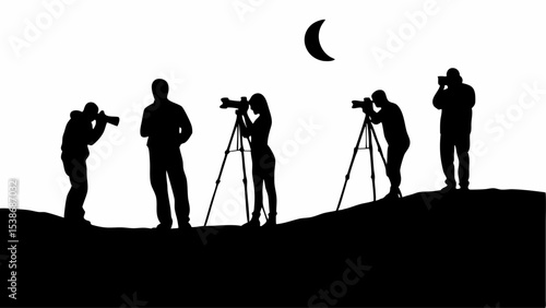 Silhouetted photographers capturing the moonlit landscape with tripods and cameras at night time | eps vectors