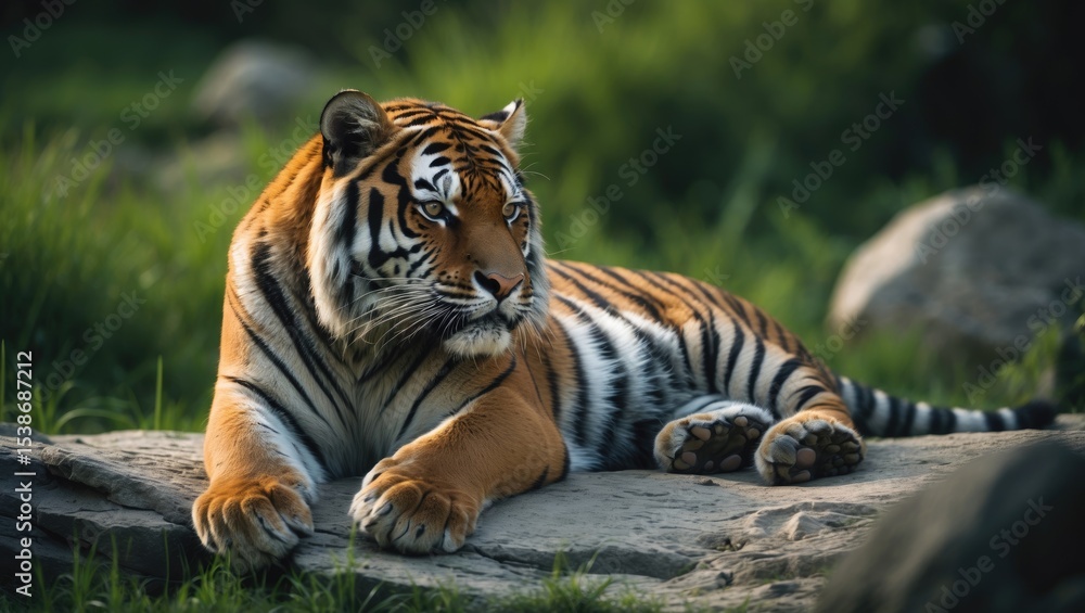 Fototapeta premium Young Bengal tiger resting on the grass, displaying its paws