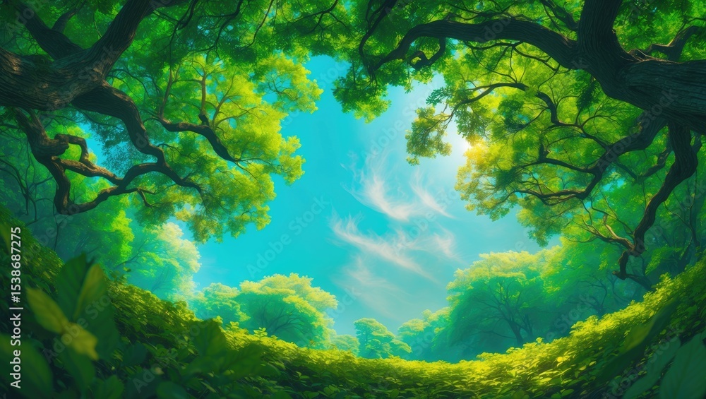 Fototapeta premium Wide shot of deciduous forest treetops with blue sky in the background