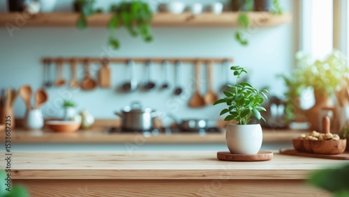 Wallpaper Mural Wooden kitchen counter with blurred utensils for product showcase Torontodigital.ca