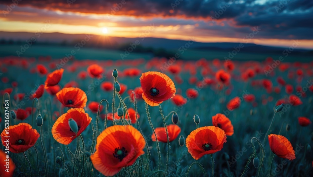 Obraz premium An idyllic scene with colorful poppies in a peaceful meadow at dusk, illuminated by sunset sunlight, with a backdrop of blue and purple sky. Scenic outdoor view capturing the beauty of nature and