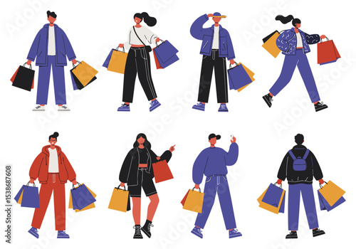 Flat vector of characters shopping with paper bags in hand