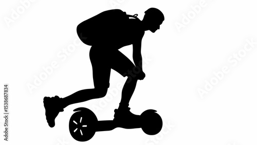Silhouette of a person riding a hoverboard with a backpack leaning forward in a black and white image | eps vectors