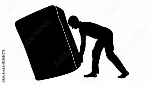 Silhouette of a man pushing a large rectangular object with a white outline on a white background | eps vectors