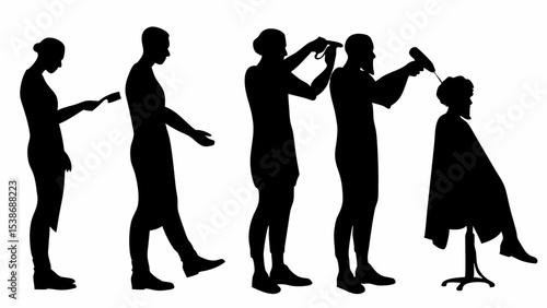 Silhouette sequence showing a person getting a haircut and styled in a professional salon setting | eps vectors