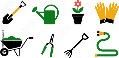 Vector gardening tools icons set shovel watering can flower gloves wheelbarrow pruner rake hose design editable stock vector illustration