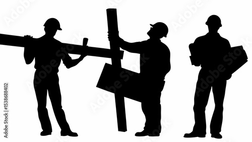 Silhouettes of three construction workers carrying materials at a construction site with hard hats on | eps vectors