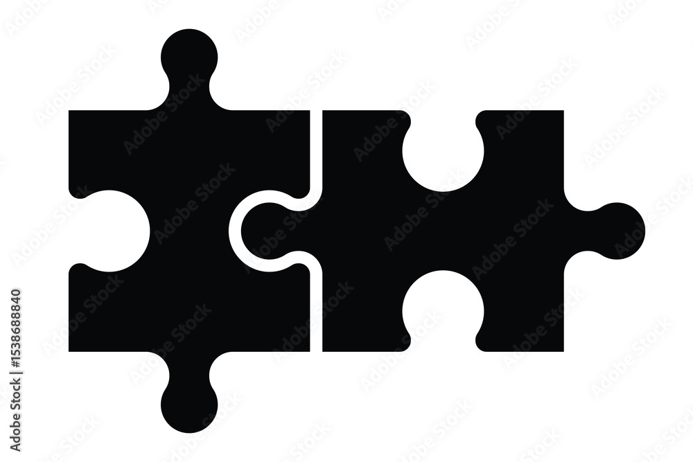 Two jigsaw puzzle pieces vector icon. Connection, solution, teamwork, partnership, problem solving concept. Black silhouette isolated on white background. Two jigsaw puzzle pieces vector icon. Connection, solution, teamwork, partnership, problem solving concept. Black silhouette isolated on white background.