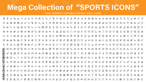 Mega Collection of Sports and outdoor activities line icon set. Outline icon collection related to outdoor activity & sports.