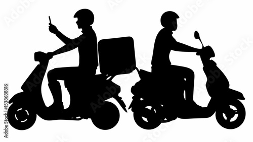 Two silhouetted delivery drivers on scooters one using phone with delivery box on back of the scooter | eps vectors