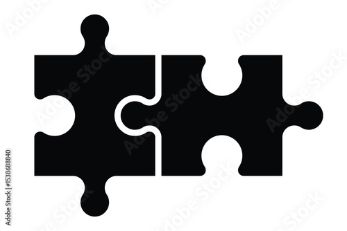 Two jigsaw puzzle pieces vector icon. Connection, solution, teamwork, partnership, problem solving concept. Black silhouette isolated on white background.