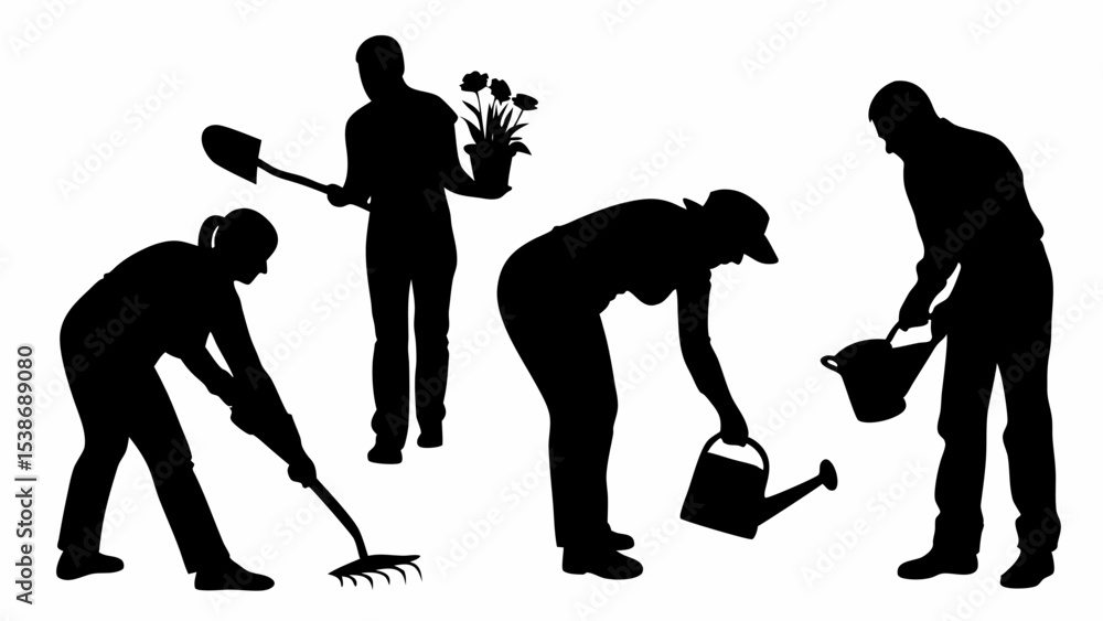 Obraz premium Silhouette of people gardening with shovel, rake, watering cans and potted flowers in a garden setting | eps vectors