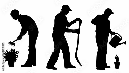 Silhouettes of gardeners tending to plants with rake shovel and watering can in a garden setting | eps vectors